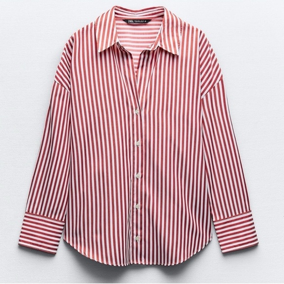 Zara Red and White Striped Oversized Button Down Shirt X-Small - Picture 3 of 10